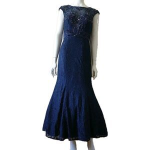 Eureka Ball Gown Dress M/S*Blue Beaded Sequin Lace Sheer Mesh PleatedMermaid Zip